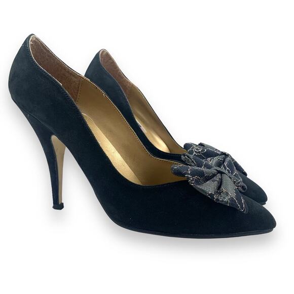 1960's German designer ANDRE black nubuck suede stiletto pumps large lace bow - Picture 2 of 16